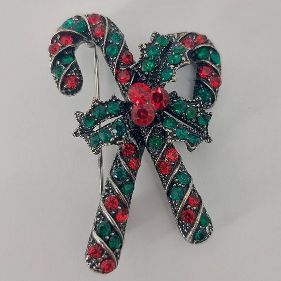 Candy Cane Holiday Rhinestone Brooch Holy Red Green Stripes - Picture 1 of 10